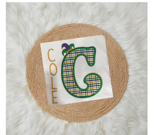 Large Initial Applique | Mardi Gras Jester Hat