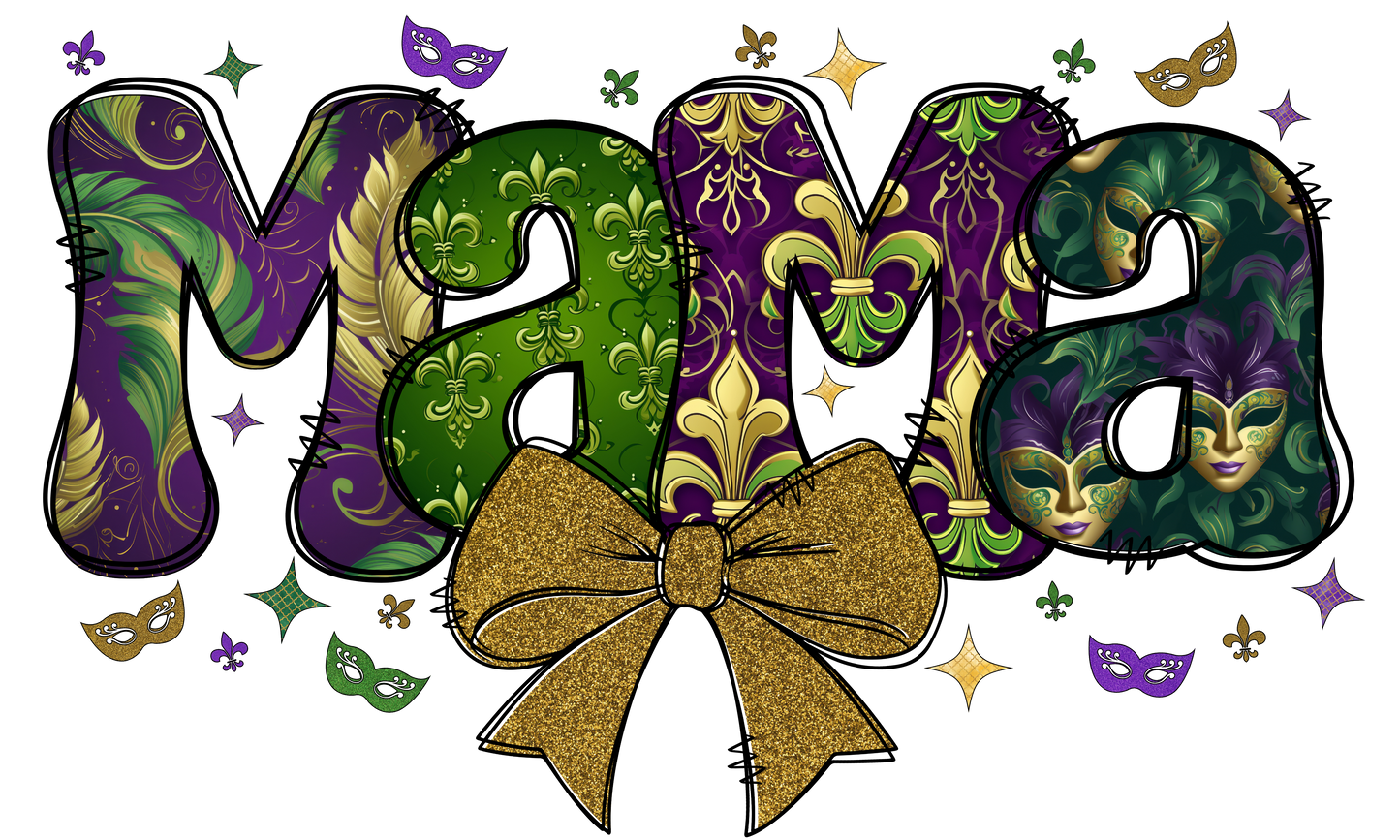 Mardi Gras Mama Bubble Letters | Mardi Gras Colors | Gold or Green Bow | Printed Design