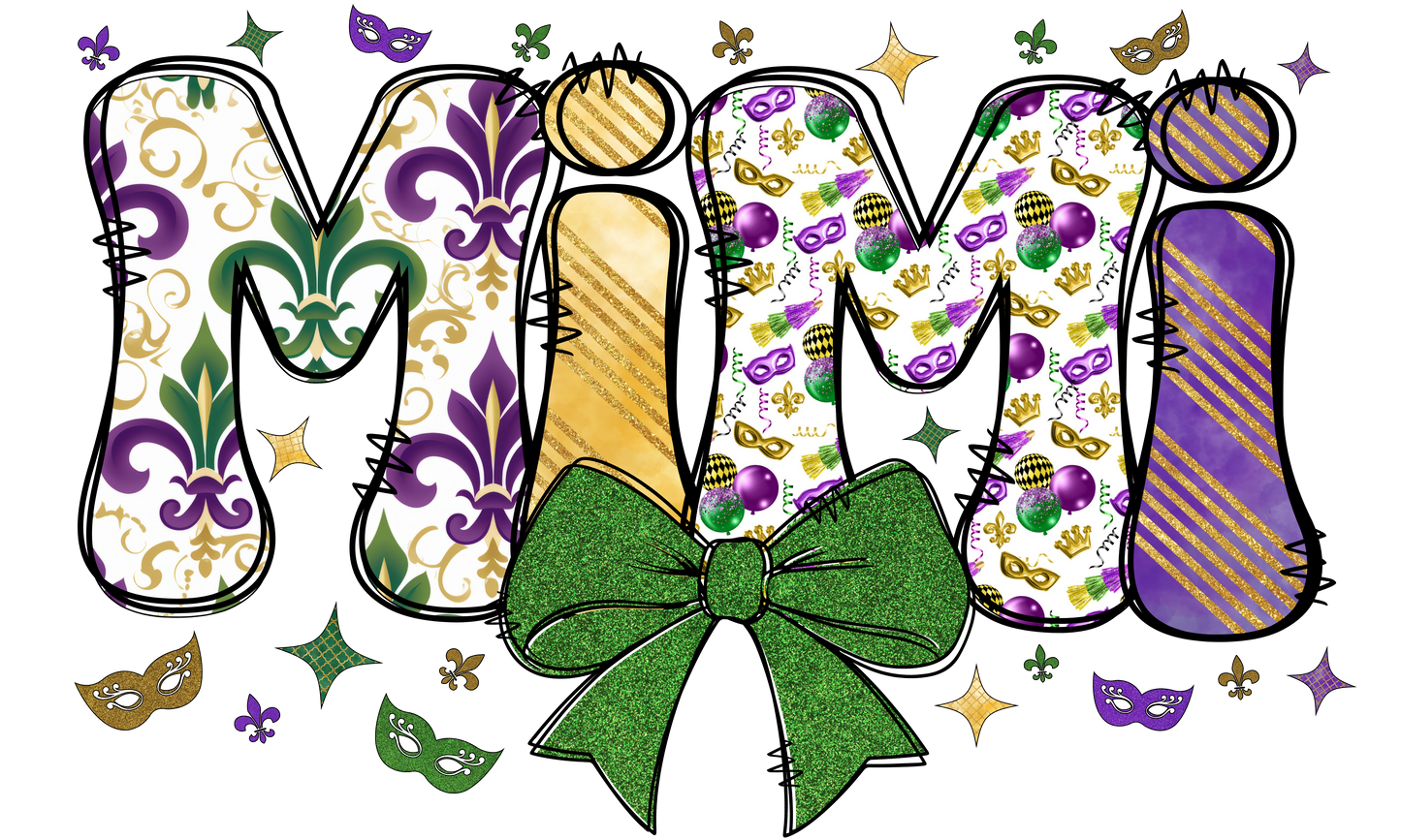 Mardi Gras MiMi Bubble Letters | Mardi Gras Colors | Gold or Green Bow | Printed Design