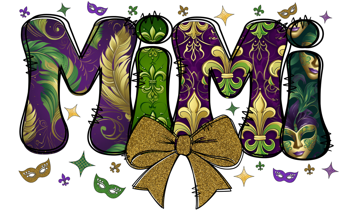 Mardi Gras MiMi Bubble Letters | Mardi Gras Colors | Gold or Green Bow | Printed Design