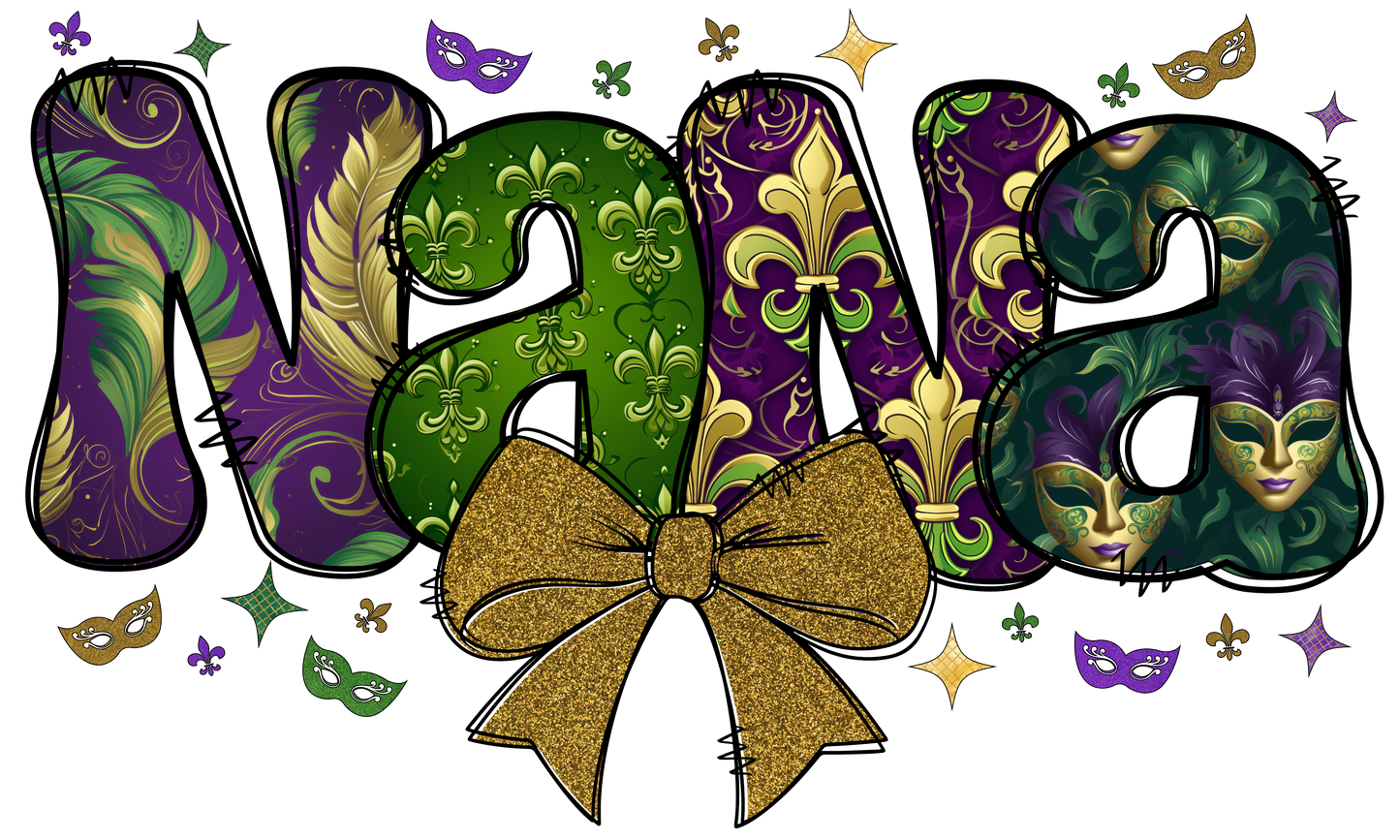 Nana Bubble Letters | Mardi Gras Colors with Gold or Green Bow | Print Design