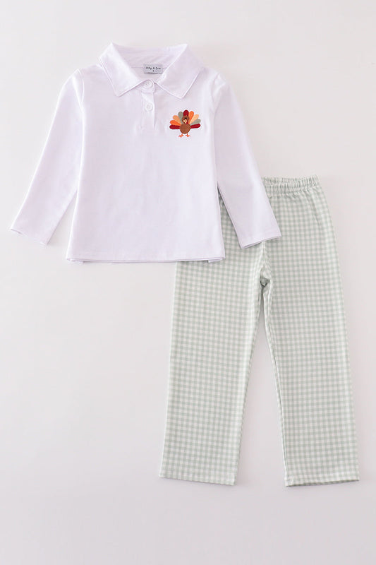 Sage Turkey Embroidery Gingham Pants Set