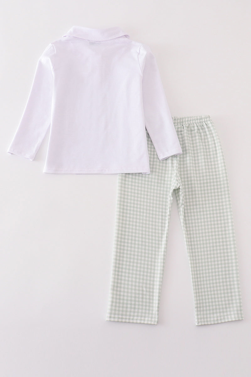 Sage Turkey Embroidery Gingham Pants Set