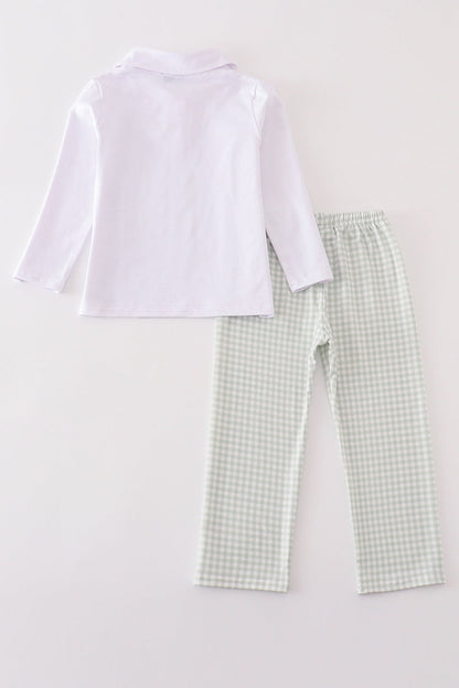 Sage Turkey Embroidery Gingham Pants Set