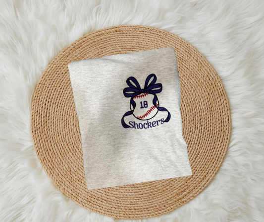 Baseball With Fancy Bow with (or without) team name (Filled Stitch)