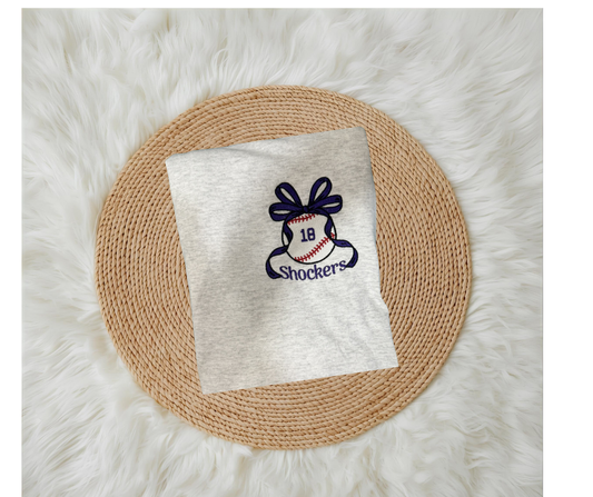 Baseball With Fancy Bow with (or without) team name (Filled Stitch)