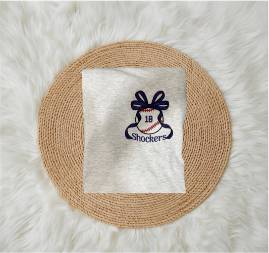 Baseball With Fancy Bow with (or without) team name (Filled Stitch)
