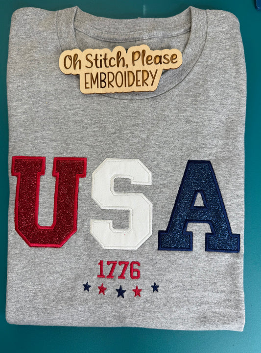 Patriotic July 4th Shirt USA letters with Glitter Applique