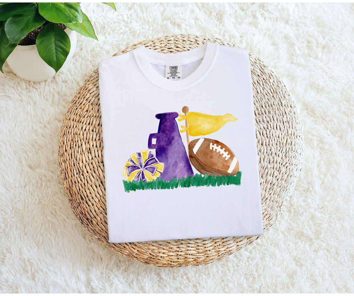 Purple & Gold Cheer Megaphone, Football and Pom-Poms