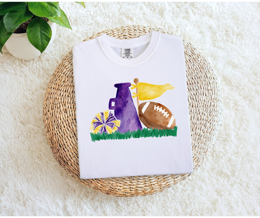 Purple & Gold Cheer Megaphone, Football and Pom-Poms