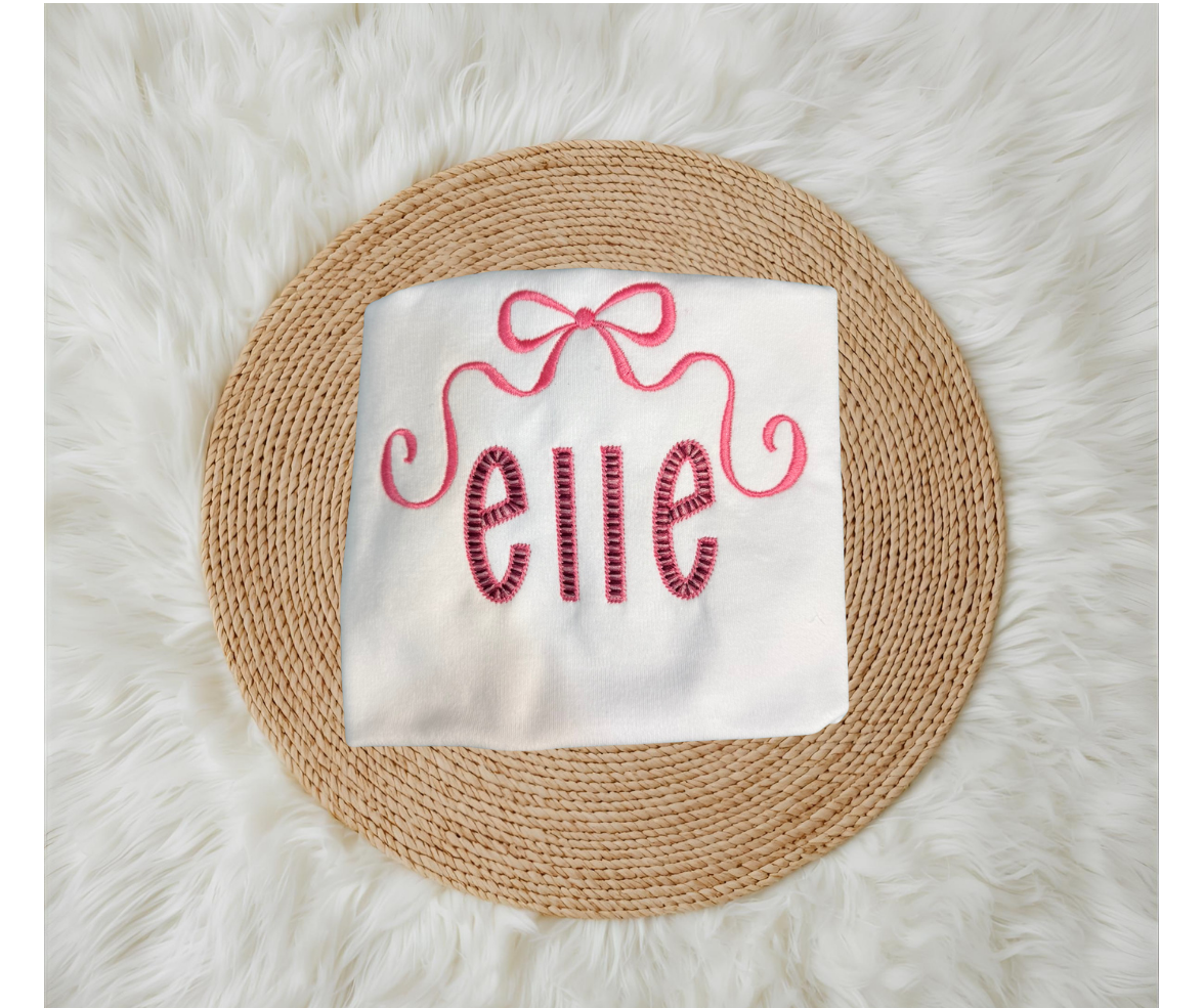 Large Bow with Name in 3 colored pink tone thread