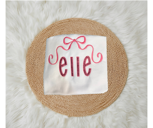 Large Bow with Name in 3 colored pink tone thread