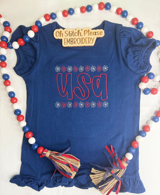 Patriotic USA outline or applique with flowers