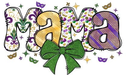 Mardi Gras Mama Bubble Letters | Mardi Gras Colors | Gold or Green Bow | Printed Design