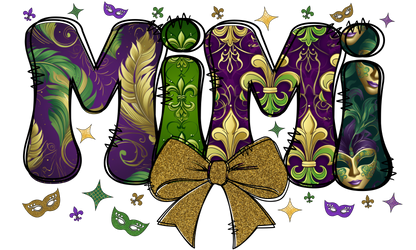 Mardi Gras MiMi Bubble Letters | Mardi Gras Colors | Gold or Green Bow | Printed Design