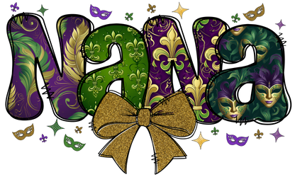 Nana Bubble Letters | Mardi Gras Colors with Gold or Green Bow | Print Design