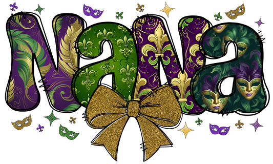 Nana Bubble Letters | Mardi Gras Colors with Gold or Green Bow | Print Design