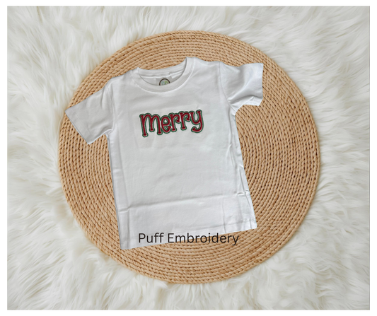 Puff embroidery text Merry Christmas Youth shirt