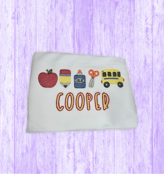 School Supplies w/ Pencil, Applie, Glue, Scissors, Bus